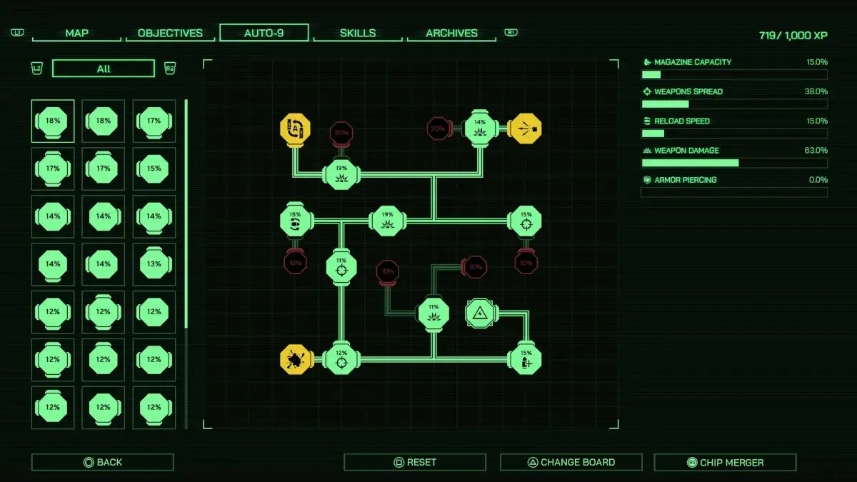 Вот так делаем билд для пистолета Auto-9, выбирая нужную доску: я лично выбирал, чтобы у меня был полный автомат и больше отрыва конечностей.