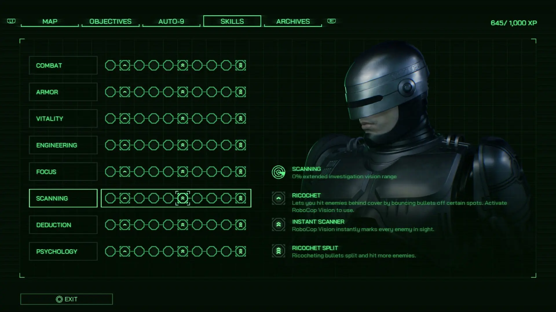 Вот такая прокачка: опыт вы получаете за квесты, убийство врагов, сканирование предметов и во время итогов миссий. Советую качать дедукцию на максимум, имея возможность получить опыт, потом психологию, чтобы иметь возможность выбирать лучшие варианты ответов и лучшую концовку, а потом живучесть и броню на максимум и бой. А что уже под конец останется, можно подкачать инженерию, чтобы хакать турели.