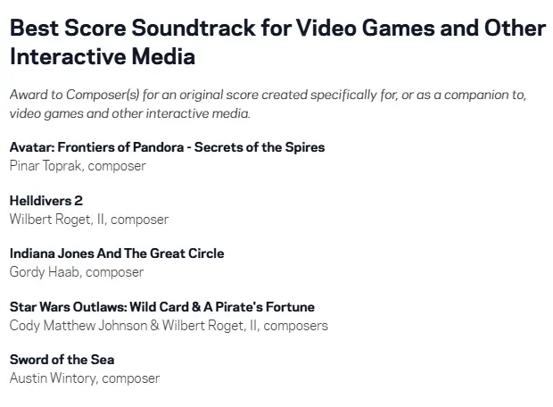 список номинантов выглядит так, скриншот с офф сайта. 