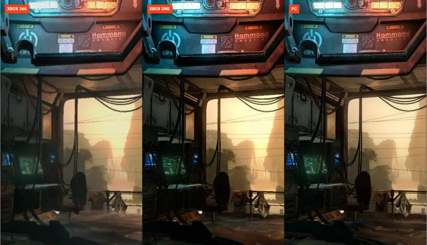 На скриншоте сравнение трёх версий Titanfall. Версия для Xbox 360 работает в разрешении 1040x600 с 2xMSAA против версии для Xbox One (1408x792) и нативной 1080p на ПК.