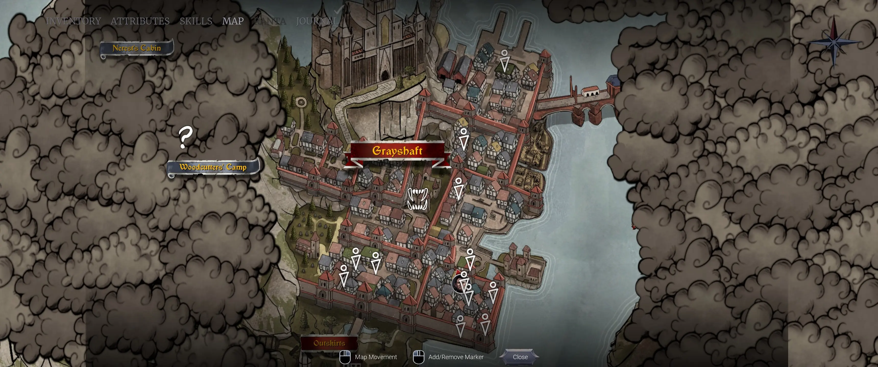 Грейшафт на карте: слева и справа все покрыто туманом, придется искать точки обзора