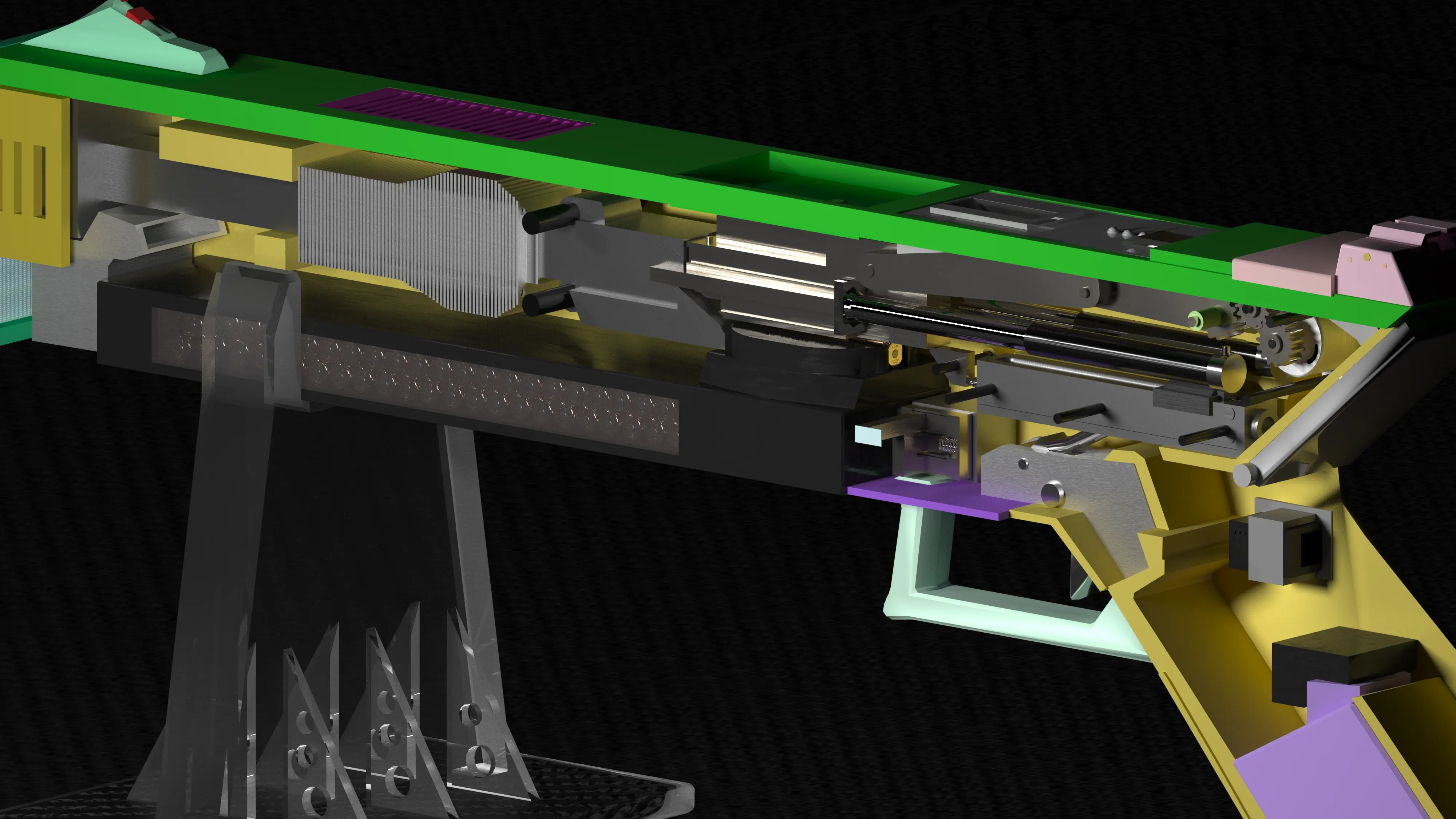 Начать я решил с "Покраски" внутренностей. Как вы можете заметить, я запихал туда много нестандартностей. К примеру у ствола появился радиатор в месте где ствол будет сильнее всего нагреваться, плюс обдув при помощи центробежного вентилятора. Затвор и куча трущихся деталей покрыты износостойким покрытием на основе никеля и титана. Вместо боевых пружин стоят пневмопоршни с регулируемой жесткостью.   