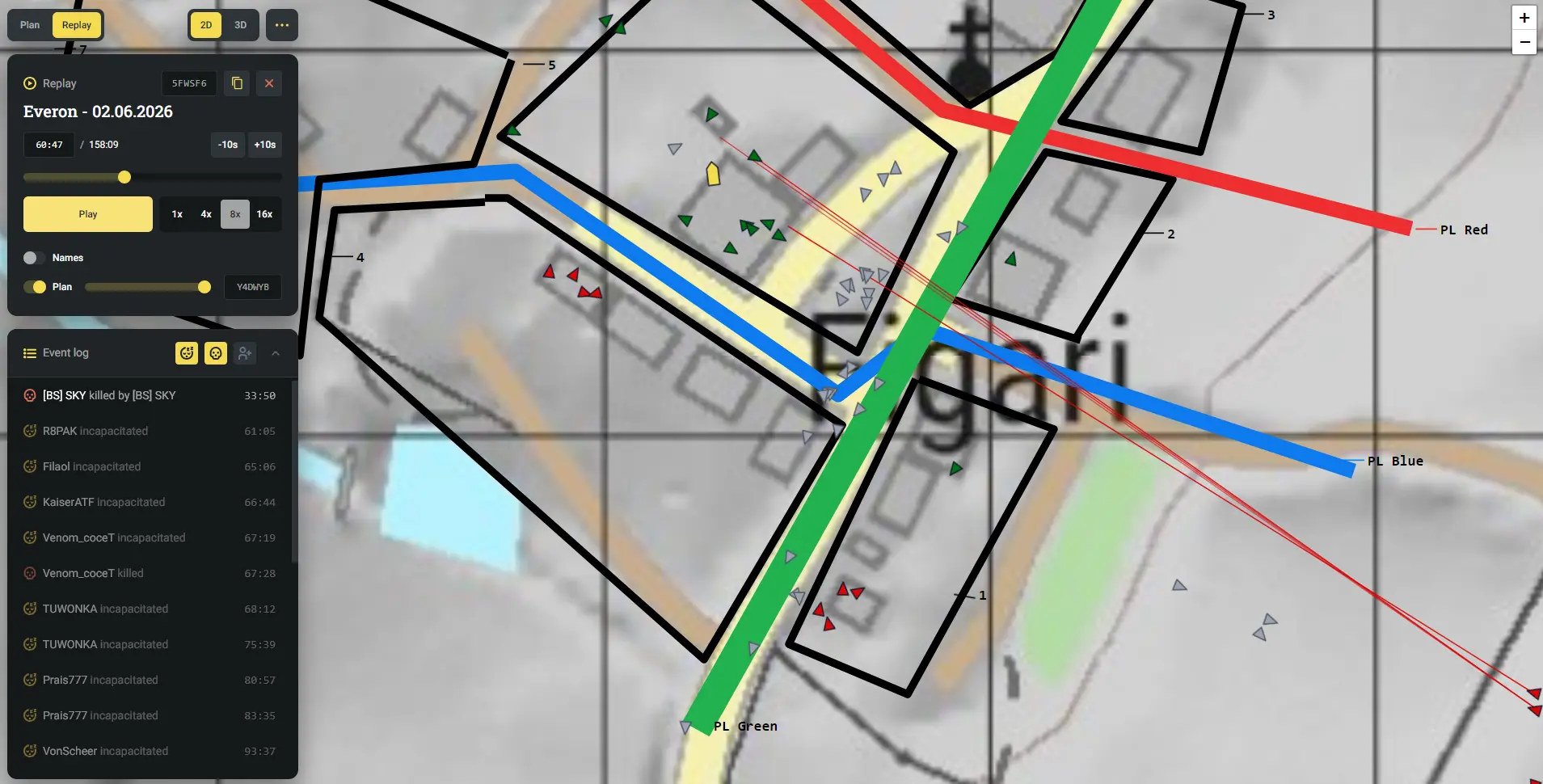 Жирные линии PL Red, PL Blue и PL Green — phase lines, нужны для координации параллельного движения отделений. В данном случае не нужны, т.к. отделение всего одно. Те, кто играл в Rainbow Six 3, могут помнить Go Codes, тоже с цветной дифференциацией, которые блокировали вейпоинты до отмашки — примерно то же самое