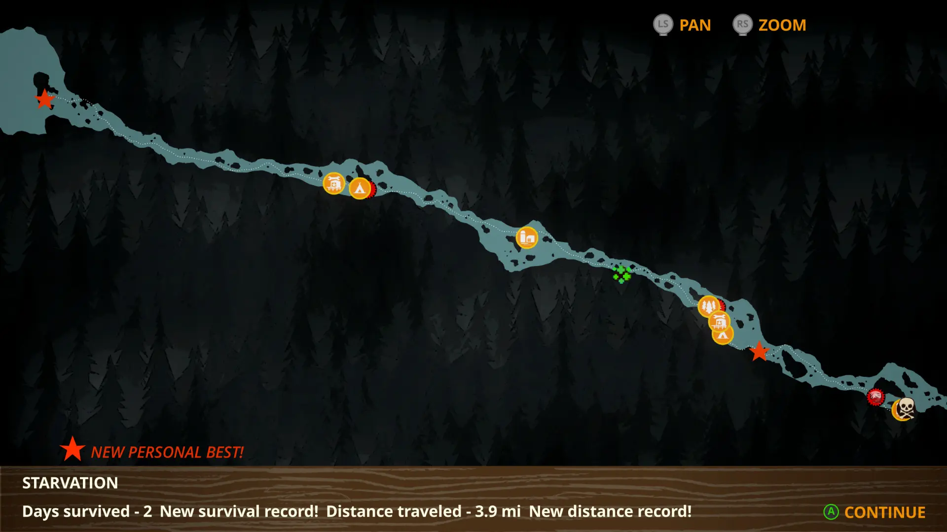 вот такая карта должна отобразиться после смерти, где показан весь твой путь и посещённые точки интереса, а также пара чекпоинтов, но у меня её в первый раз не было.