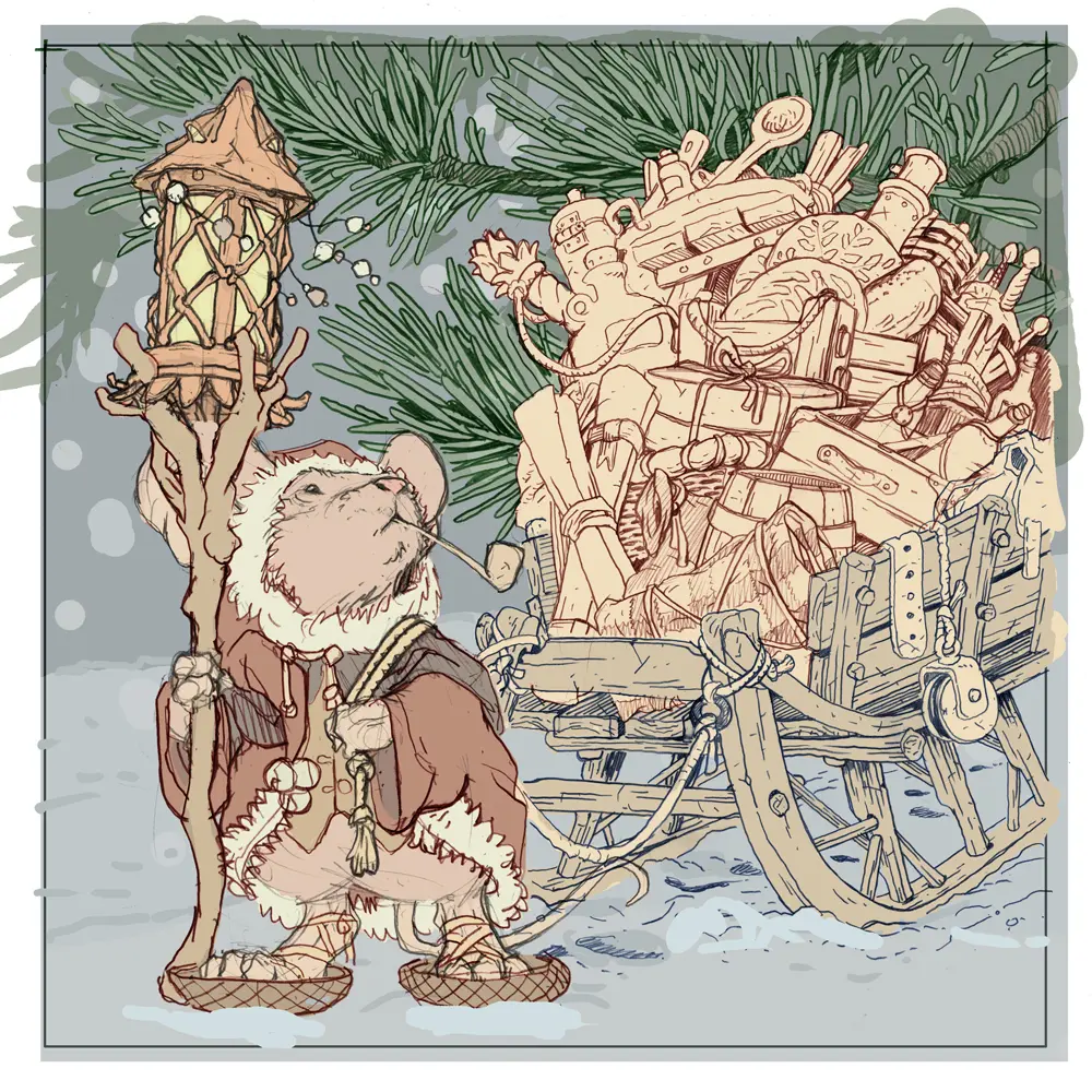 Я нарисовал сосновую ветку, но после того, как я отсканировал весь рисунок и немного раскрасил его, я обнаружил, что эта область нуждается в большей плотности, поэтому я сразу приступил к работе и быстро прорисовал её более чётко.