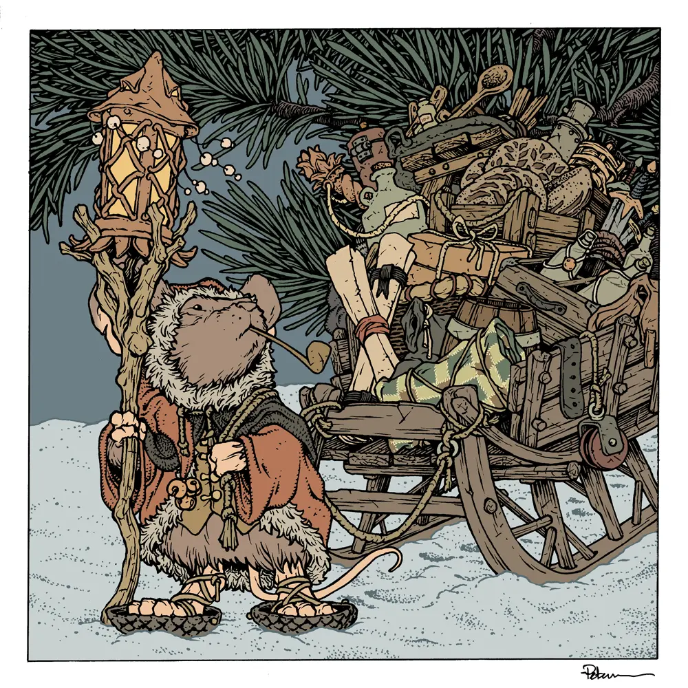 Цветовая палитра для мыши и окружения была определена ещё на этапе эскизирования, но потребовалось много времени, чтобы найти правильный цвет для каждого предмета в санях, чтобы всё было читаемо.