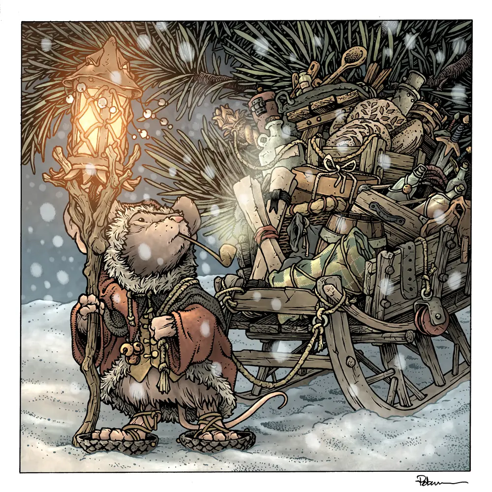 Свет фонаря действительно задал тон всей картине, поэтому мне пришлось сначала проработать тени на снегу и теплые блики, а затем осветить персонажа в тех же условиях, прежде чем я смог приступить к саням и товарам.