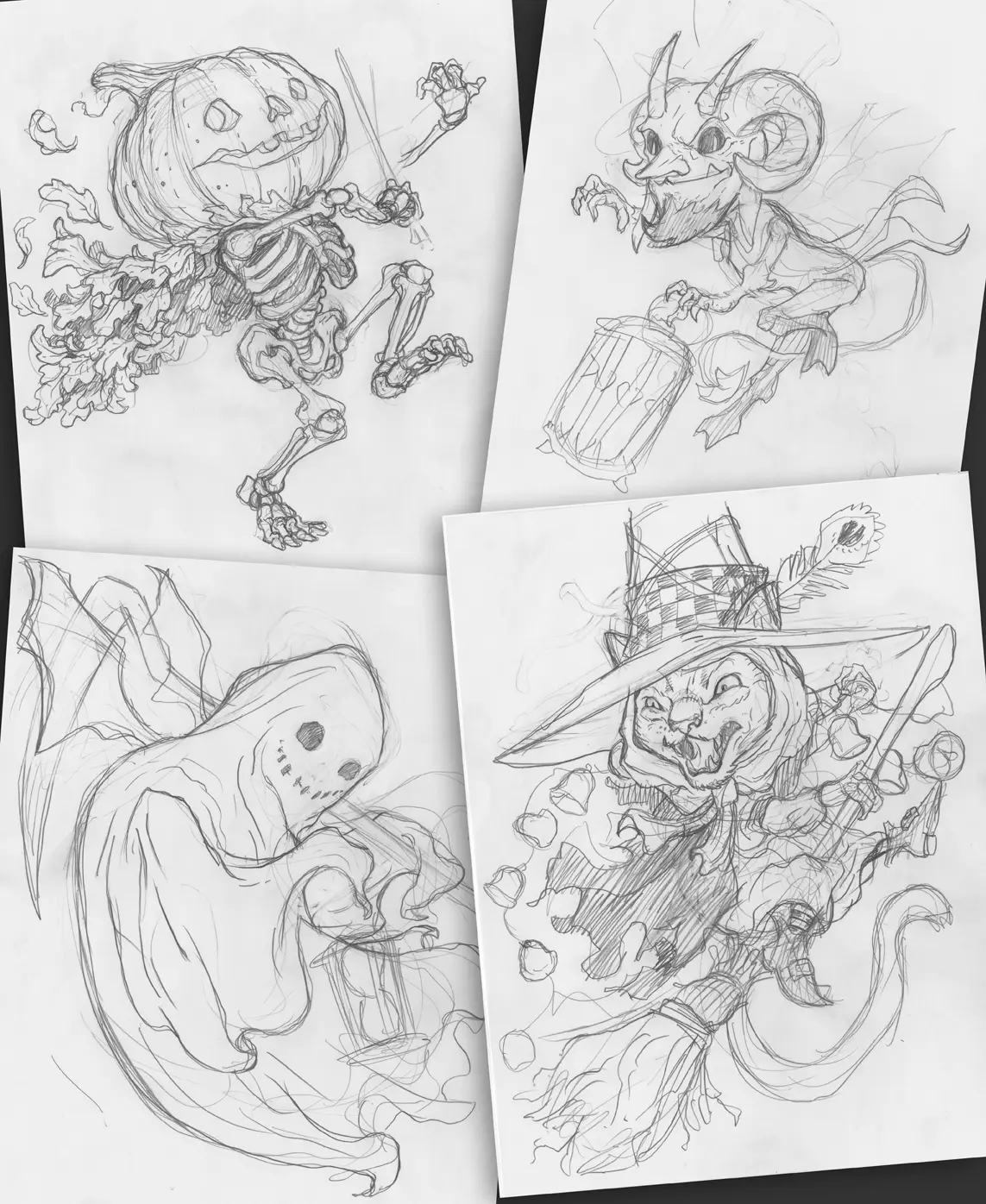 Образы скелета с тыквенной головой, играющего на скрипке, и кошки-ведьмы пришли мне в голову быстро, но мне было трудно решить, как и с чем сочетать дьявола, и, кажется, я выдохся, когда нарисовал привидение с крыльями летучей мыши.