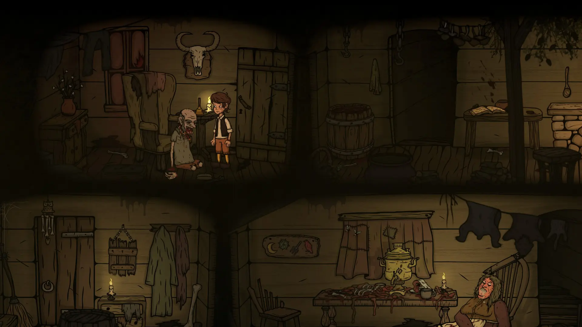 Жилище людоедов. Своего рода отсылка к сказке про Гензеля и Гретель. Ведьме хватит и яда, а вот чтобы угомонить мерзкого старикашку придётся чуть подкорректировать его антропометрические данные с помощью ножа.