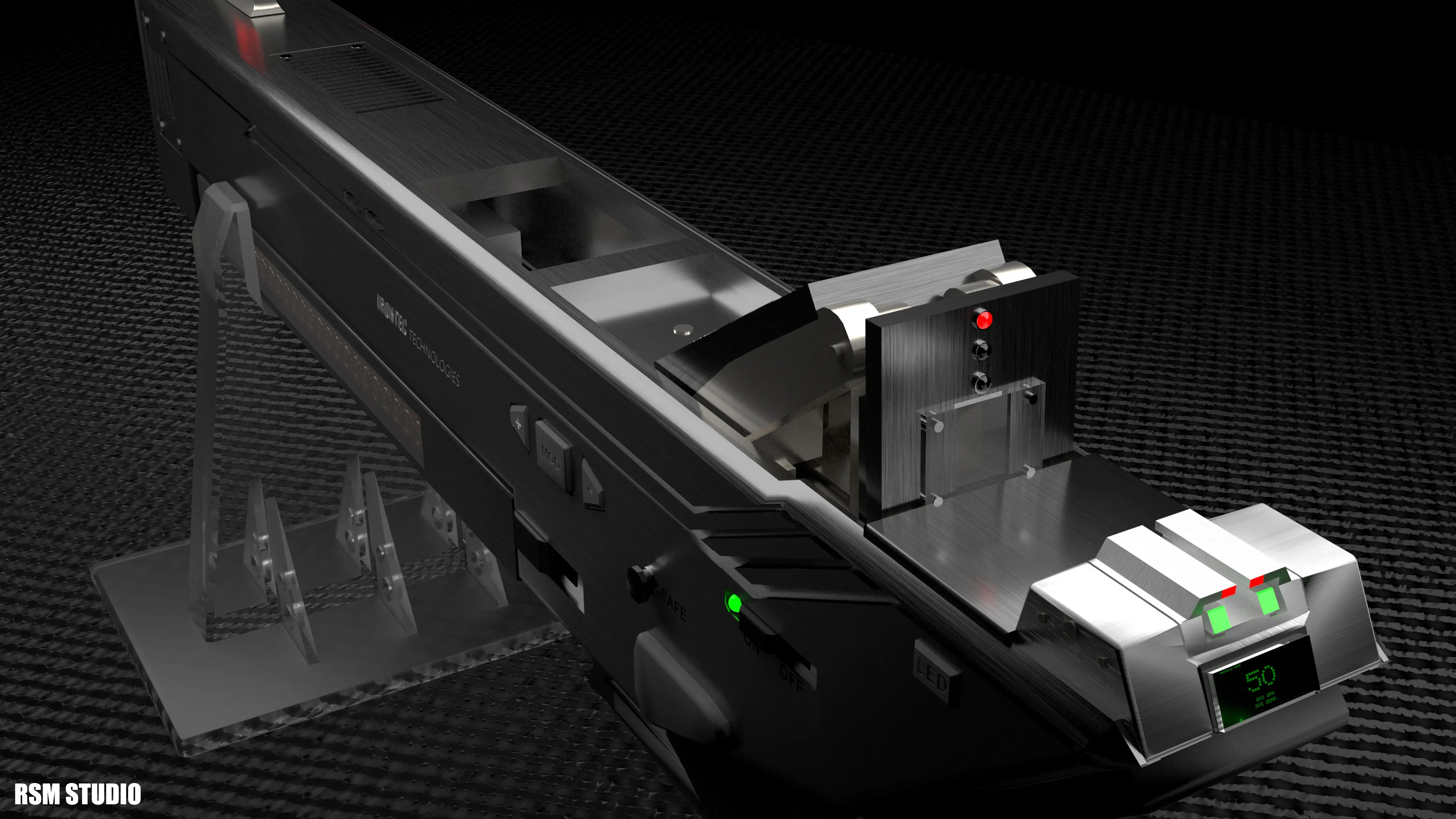  Затвор в крайнем заднем положении. На панельке гасилки есть три индикатора. Зеленый - пушка заряжена и готова палить. Желтая- боезапас наполовину пуст. Красный - боезапас почти исчерпан. Красный мигающий -  полностью пуст или неисправен.