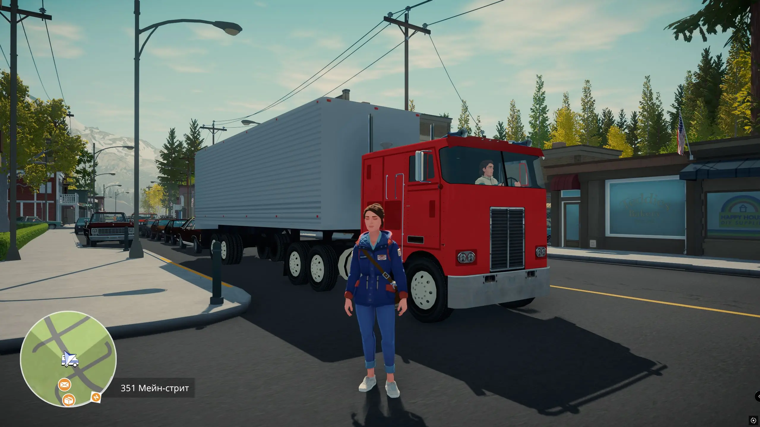 Случайно собрал пробку. Даже тягач один катается по карте. Да не простой, а безкапотник. Год в игре 1986 год, и тогда ещё много каталось таких моделей по магистралям штатов.