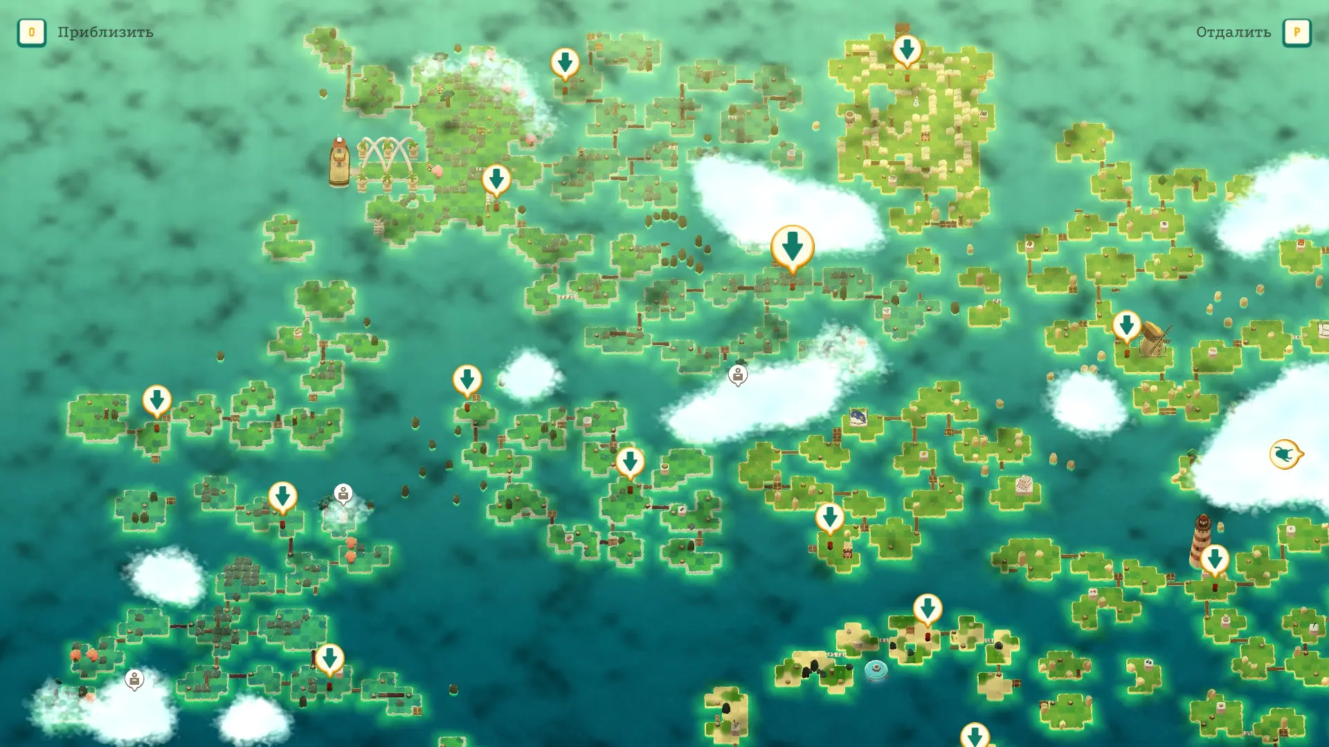 Одним скриншотом при максимальном удалении камеры можно захватить примерно 1/9 часть общей карты мира. Как видно, белых пятен пока хватает — ещё исследовать и исследовать. Телепорты на карте обозначены стрелочками, и их реально много.