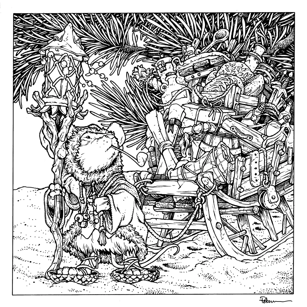 Если мышь и заснеженная земля были достаточно просты, то содержимое саней требовало тщательной проработки, чтобы они воспринимались как единое целое, но в то же время как отдельные объекты, которые также необходимо было выделить на фоне сосновой ветки.