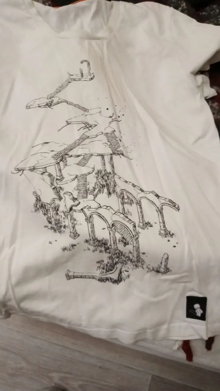 Моя коллекция. Открытки и футболки — из официального магазина Ледорубов, когда он еще существовал; где-то дома еще лежит постер с внутриигровой картины. Далее зин (или зайн?) — сборник фанатских артов, единственный, на который я не поскупилась. Есть еще маленький вязаный трагик, которого мне подарили, но на фото он не попал.