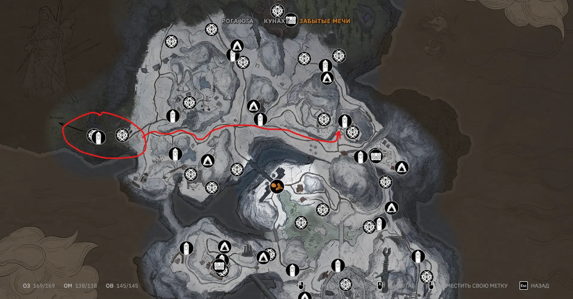 для тех кто плохо ориентируется по карте я обозначил путь от главных ворот