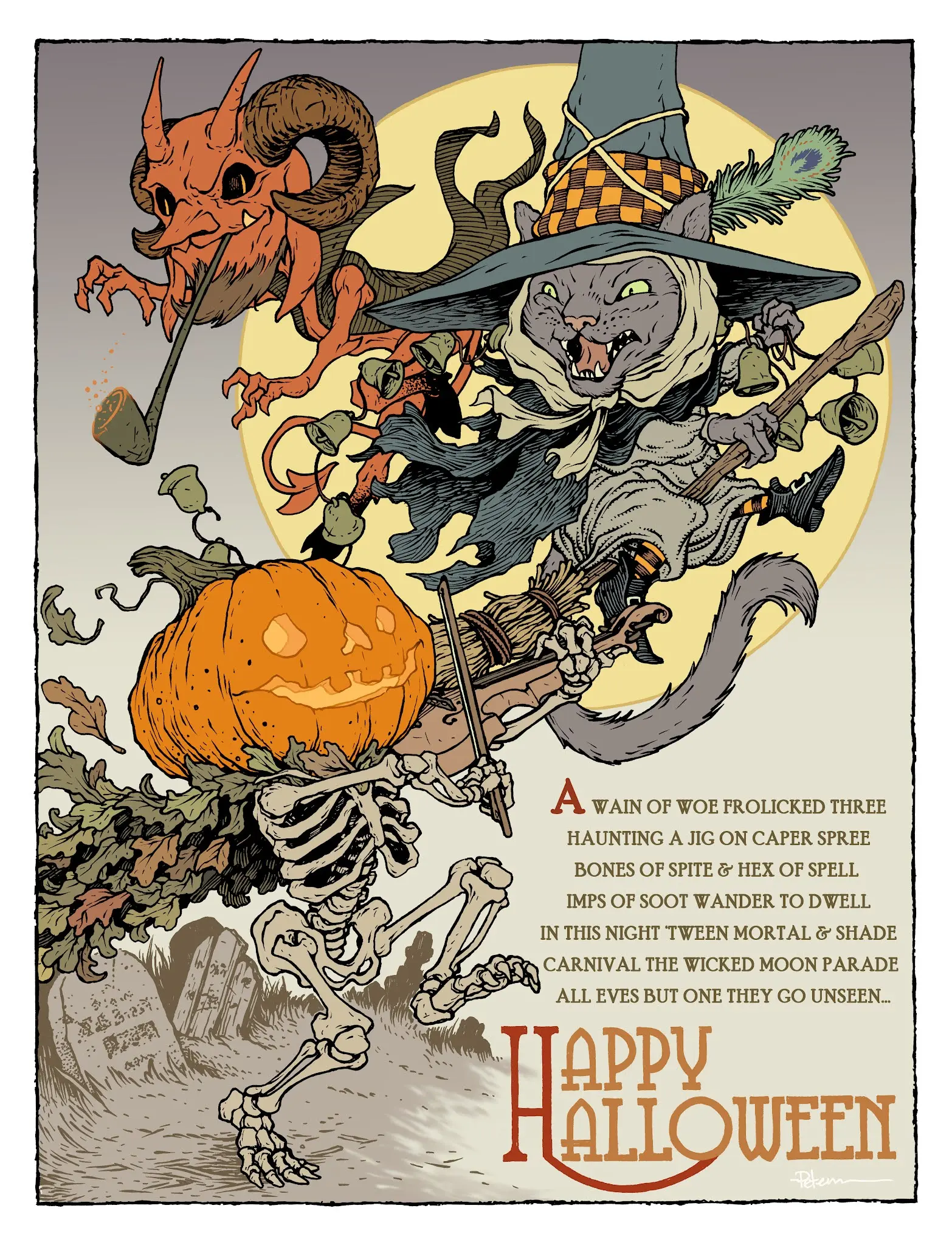 На этом этапе я также выделил области, где я хочу, чтобы контуры были цвета, отличного от чёрного: текст, отверстия в тыкве, трубка дьявола, павлинье перо кошки-ведьмы и контур луны.