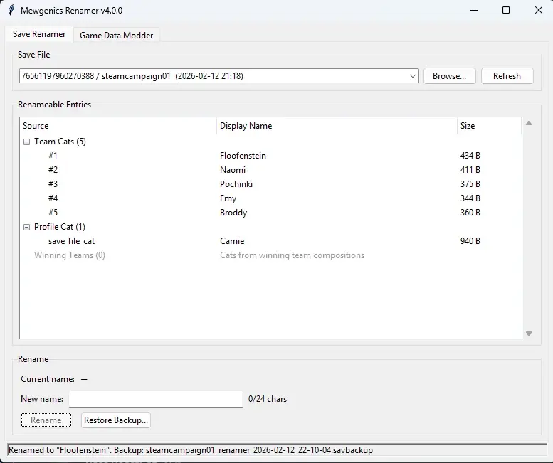 Пример работы: на скриншоте отображены имена котиков.