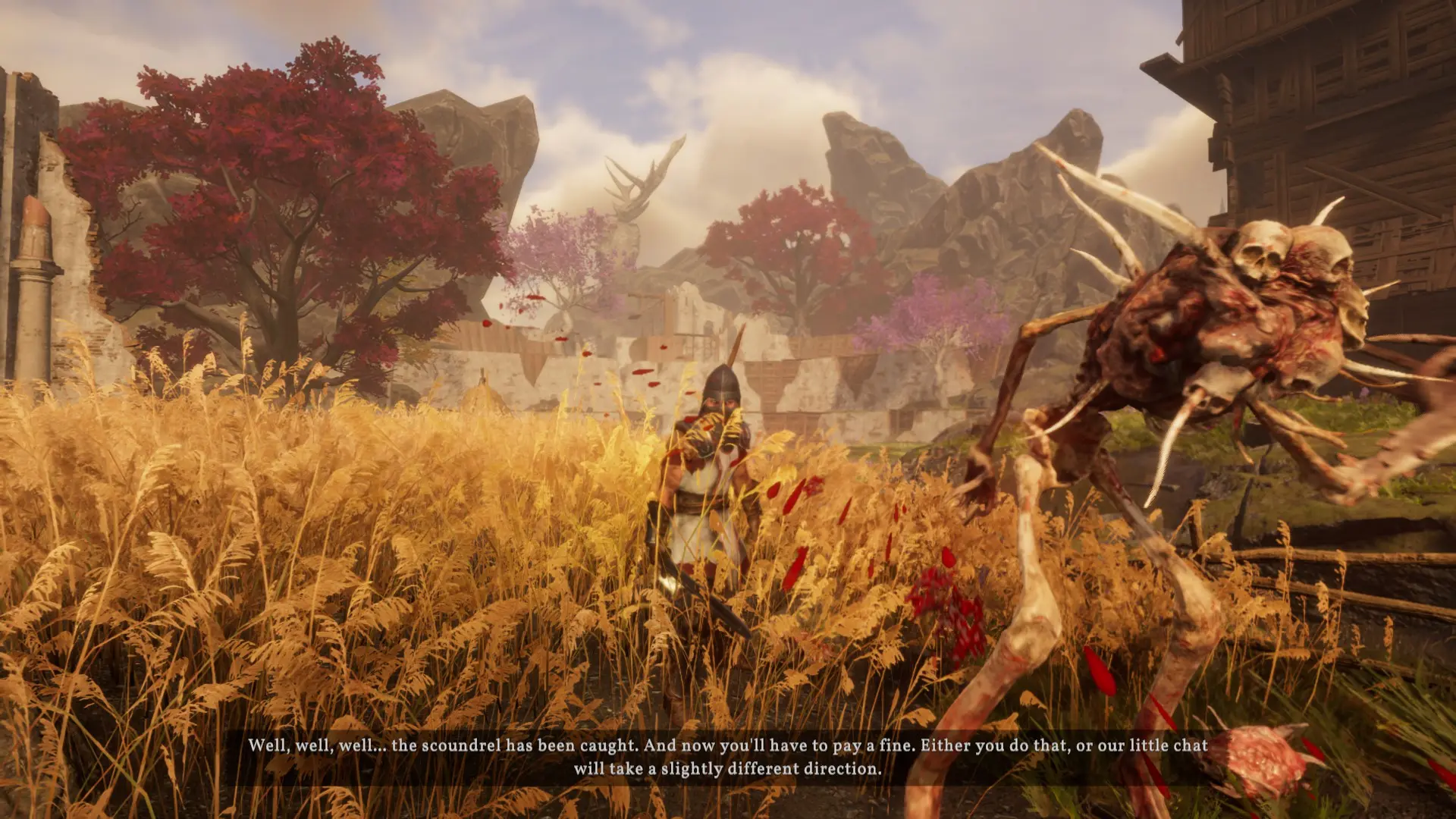 Случайно зацепил стражника заклинанием, когда махался с тварью справа. Он сразу же решил меня арестовать, пряма во время боя. Где-то смахнул скупую слезу Тодд Говард.