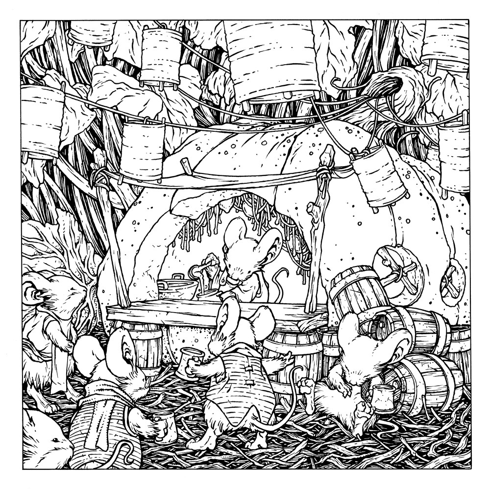 На земле и на заднем плане было много плотной текстуры, поэтому я старался не перегружать ею бочки, одежду и тыкву.