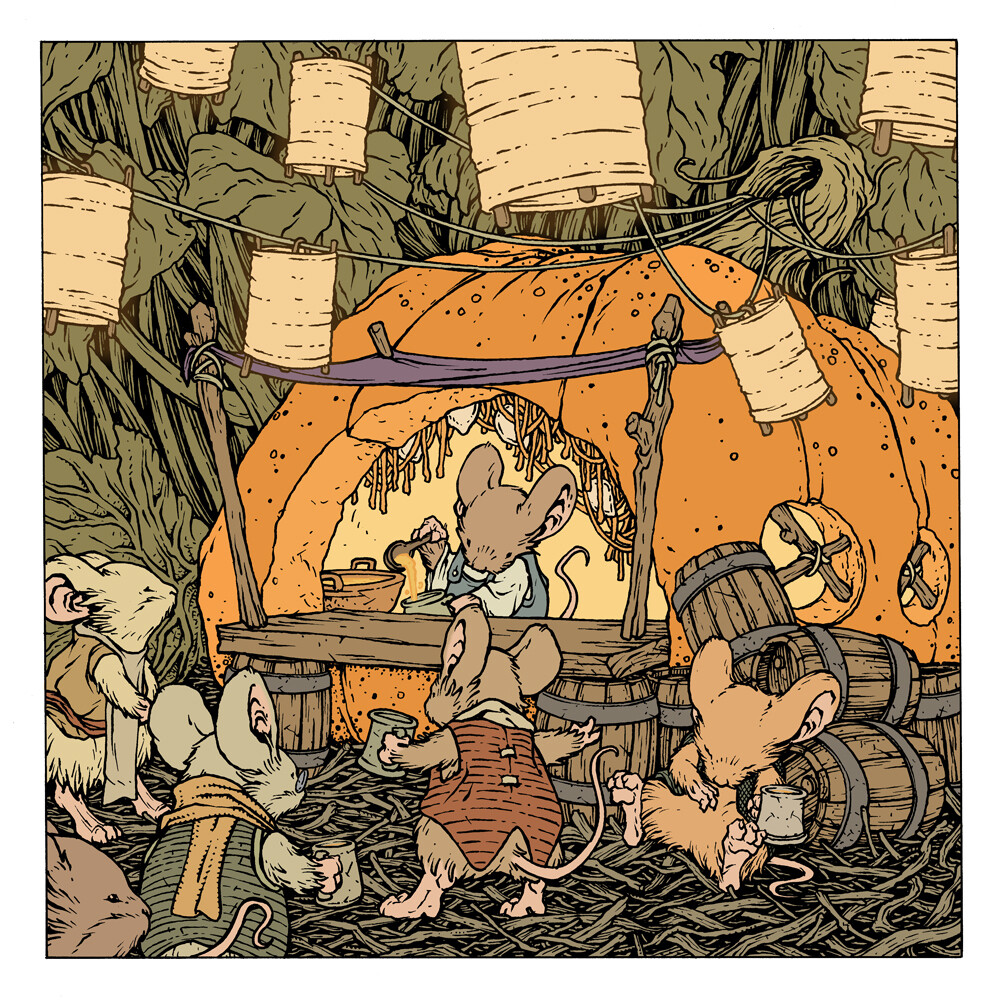 На этом этапе я также выделил области, где я хочу, чтобы контуры были цвета, отличного от чёрного: на фонарях и сидре.