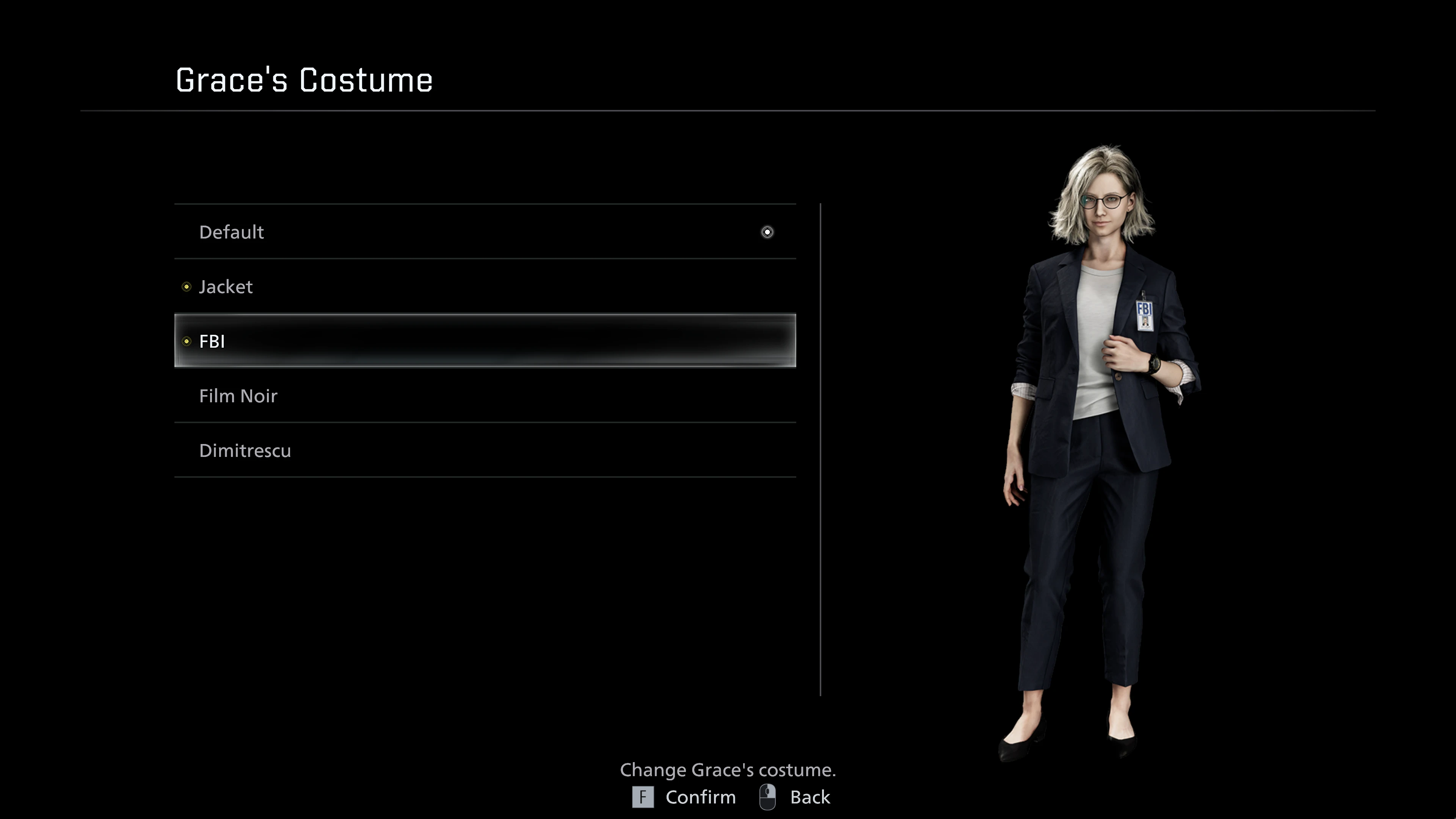 Список оружия, а также костюмы Леона и Грейс, открывающиеся после прохождения игры