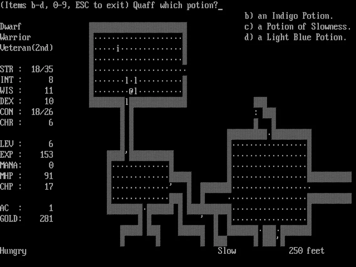 Окружённый гигантскими белыми вшами, наш отчаявшийся дворф выпивает один из неопознанных эликсиров из инвентаря. К сожалению, оказалось, что это зелье замедления.