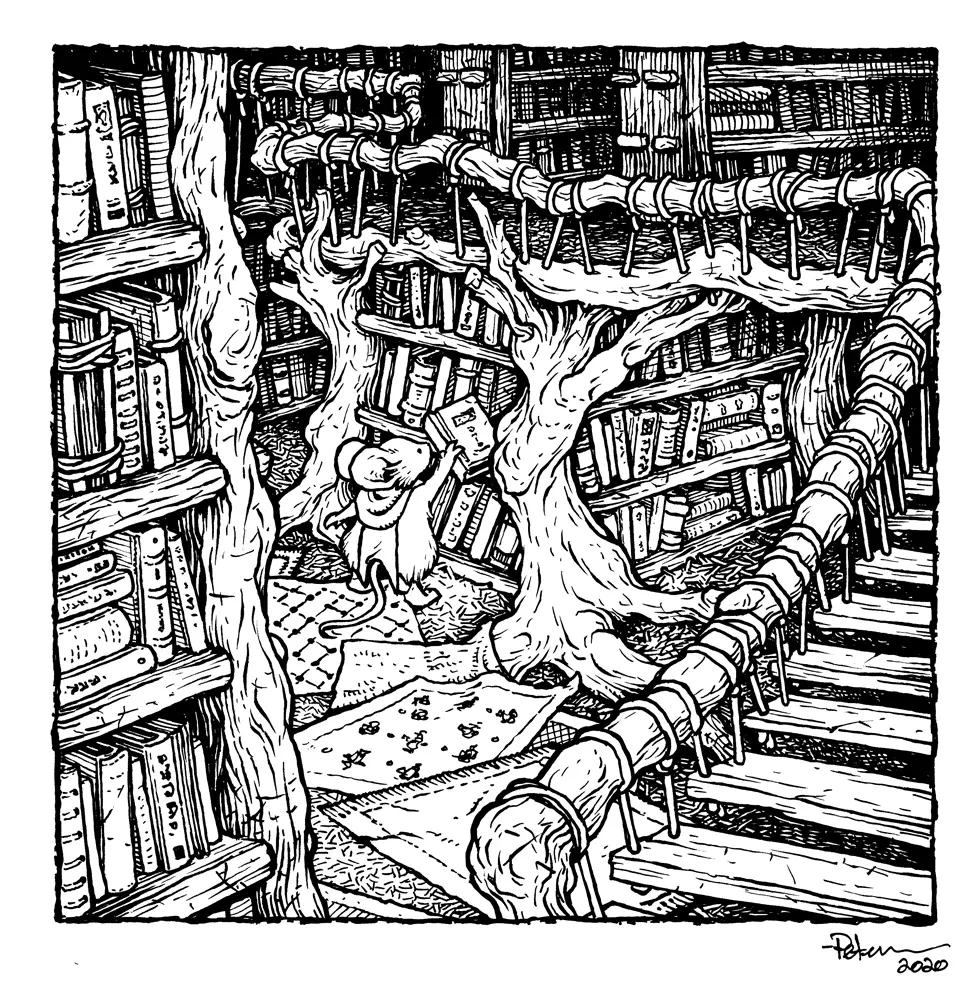 За исключением «деталей» на книгах и ковриках, чернильный рисунок ощущается очень похожим на карандашный скетч.