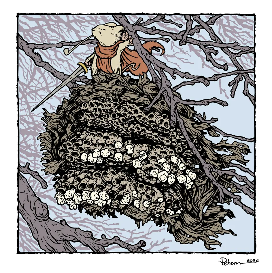 На этом этапе я также выделил области, где я хочу, чтобы контуры были цвета, отличного от чёрного, а именно на ветвях на заднем плане.