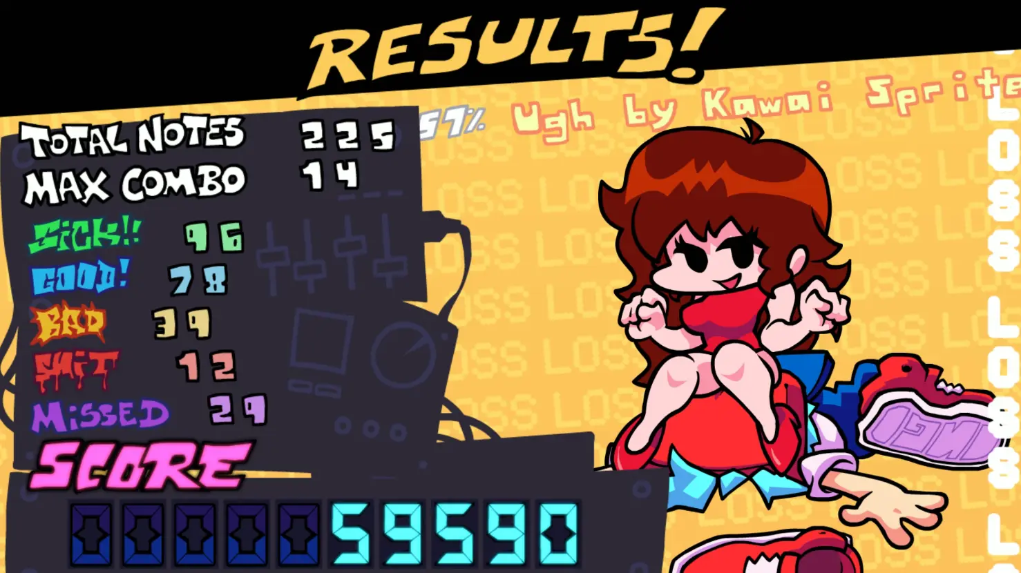 Разные вариации экрана успешного завершения уровня. При низком проценте попадания в ноты Девушка садится Парню на... затылок. При идеальном прохождении можно увидеть долгожданный «Хэппи Энд»: Парень с Девушкой прыгают в постель и начинают творить Вуху. Здесь показаны экраны при игре за Парня, но они также отличаются в зависимости от выбранного персонажа.