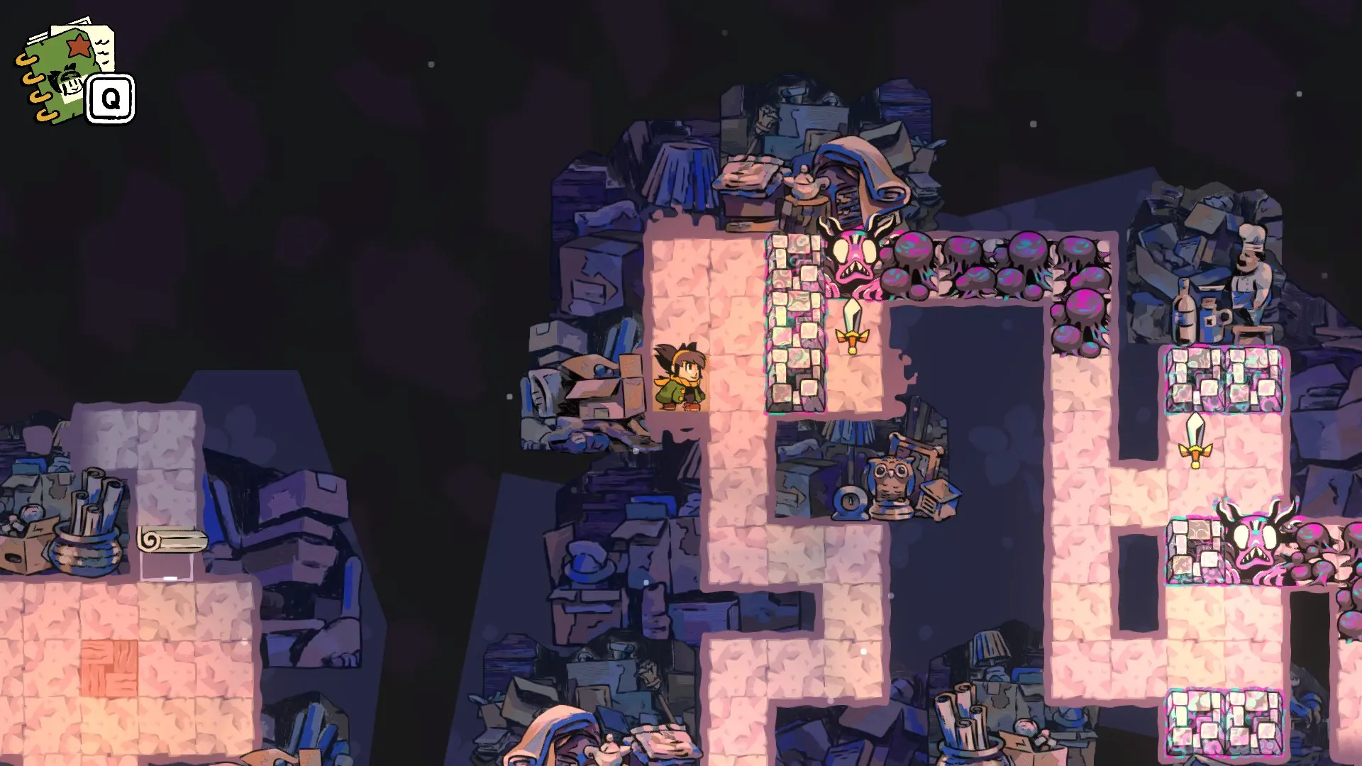 Если пойти в стену слева, то героиня выйдет из стены справа и окажется в аккурат у меча, которым, если пойдёт вверх, поразит запирающего дальнейший путь монстра. Как видите, всё просто!