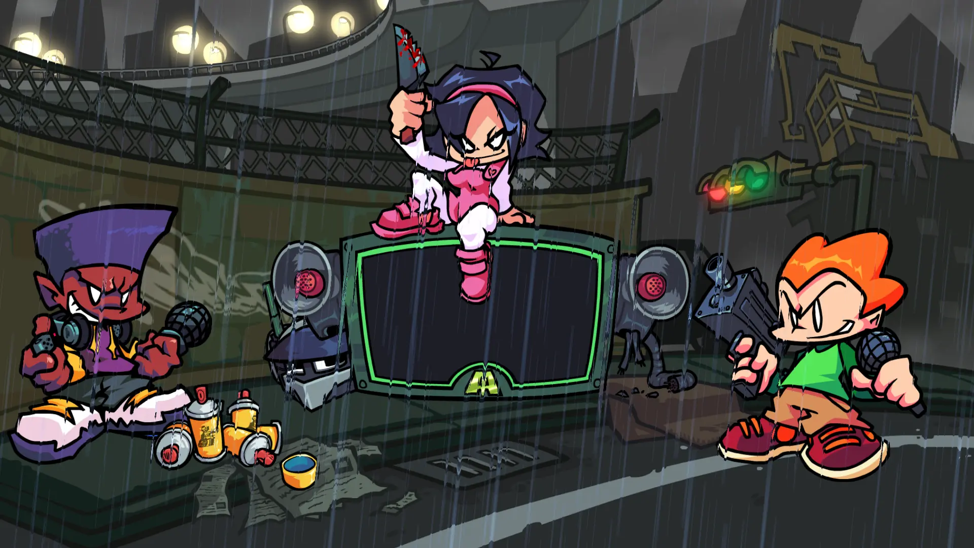 Справа можно увидеть всё того же Пико, но уже в FNF. Слева Дарнелл, а по центру Нене — персонажи двух других игр Тома Фулпа из той же вселенной, что и Pico's School.