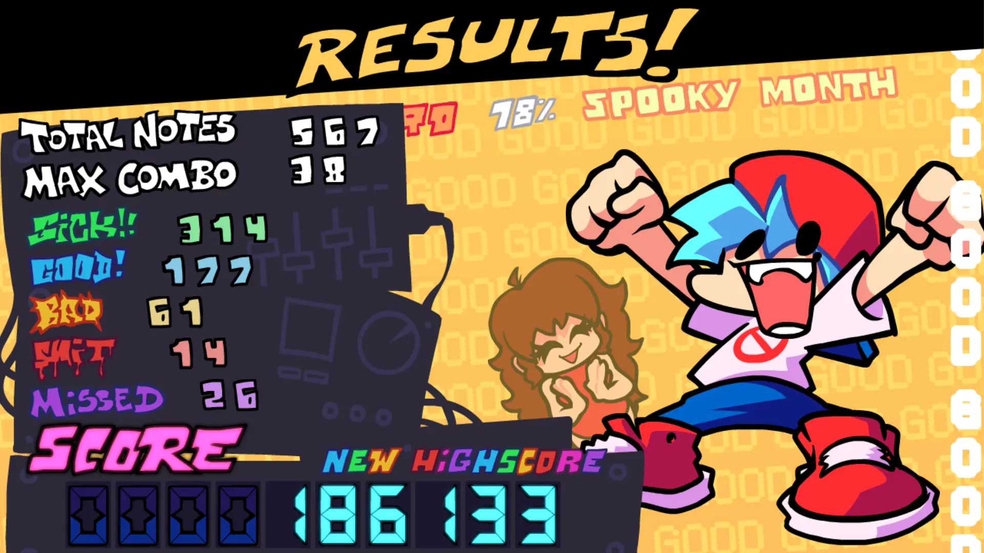 Разные вариации экрана успешного завершения уровня. При низком проценте попадания в ноты Девушка садится Парню на... затылок. При идеальном прохождении можно увидеть долгожданный «Хэппи Энд»: Парень с Девушкой прыгают в постель и начинают творить Вуху. Здесь показаны экраны при игре за Парня, но они также отличаются в зависимости от выбранного персонажа.