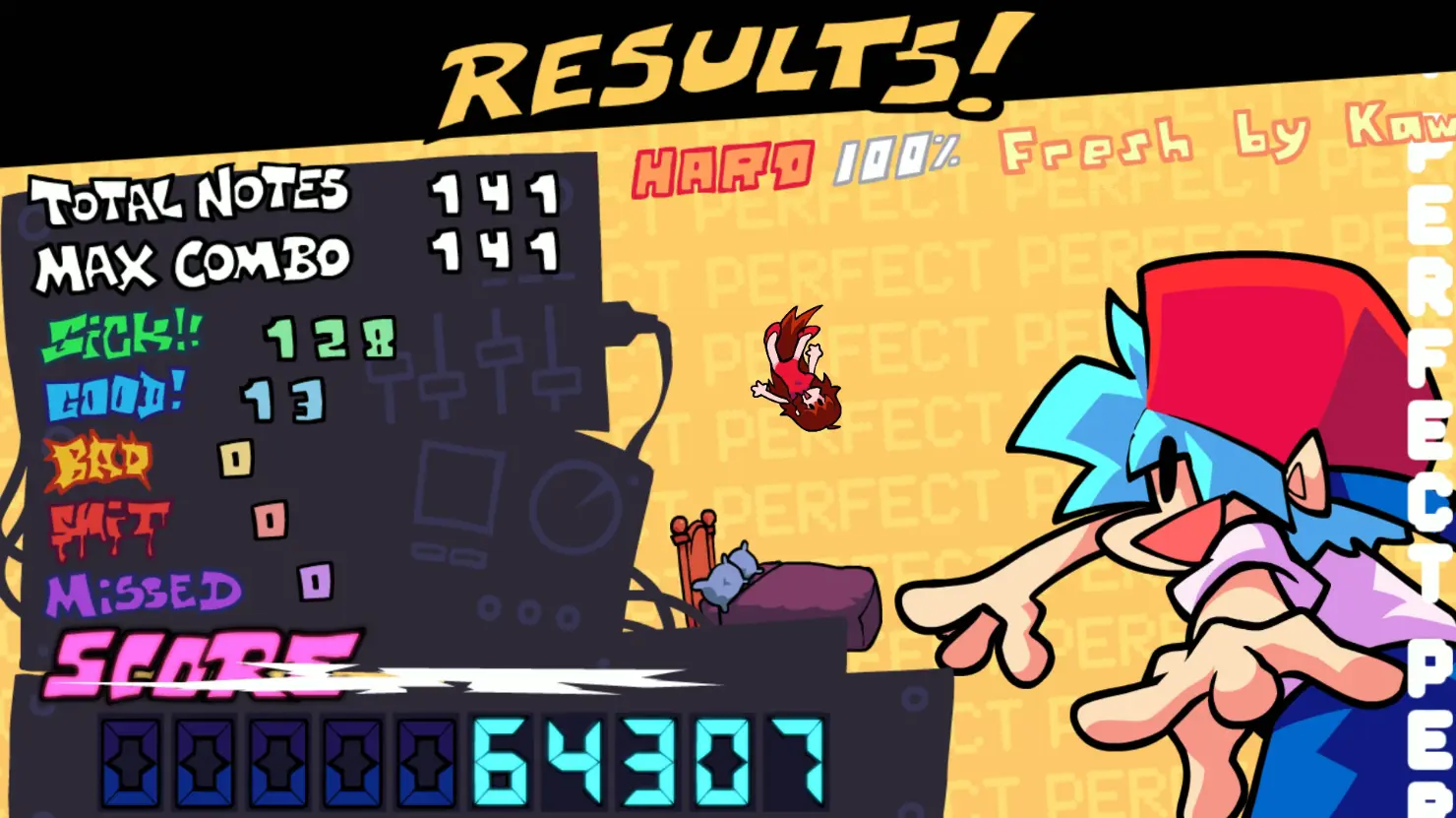 Разные вариации экрана успешного завершения уровня. При низком проценте попадания в ноты Девушка садится Парню на... затылок. При идеальном прохождении можно увидеть долгожданный «Хэппи Энд»: Парень с Девушкой прыгают в постель и начинают творить Вуху. Здесь показаны экраны при игре за Парня, но они также отличаются в зависимости от выбранного персонажа.