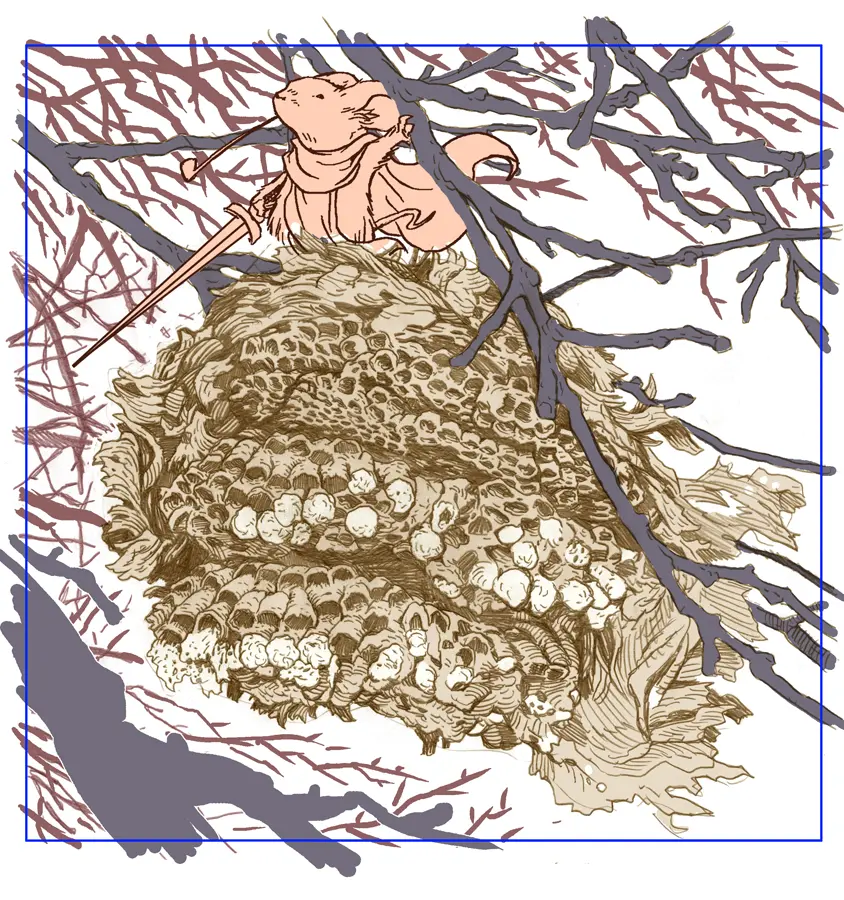 Срисовывая гнездо, я параллельно редактировал его, упрощая и унифицируя узоры, удаляя ненужные детали и ветви для достижения визуального акцента.