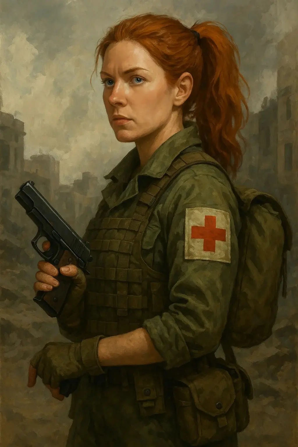 Джоан МакФадден. ИИ-генерация. В оригинале она гоняла в гражданской одежде - серой толстовке с откровенно просвечивающими сосками и джинсах. В новеллизации она выглядит как и подобает военному медику.