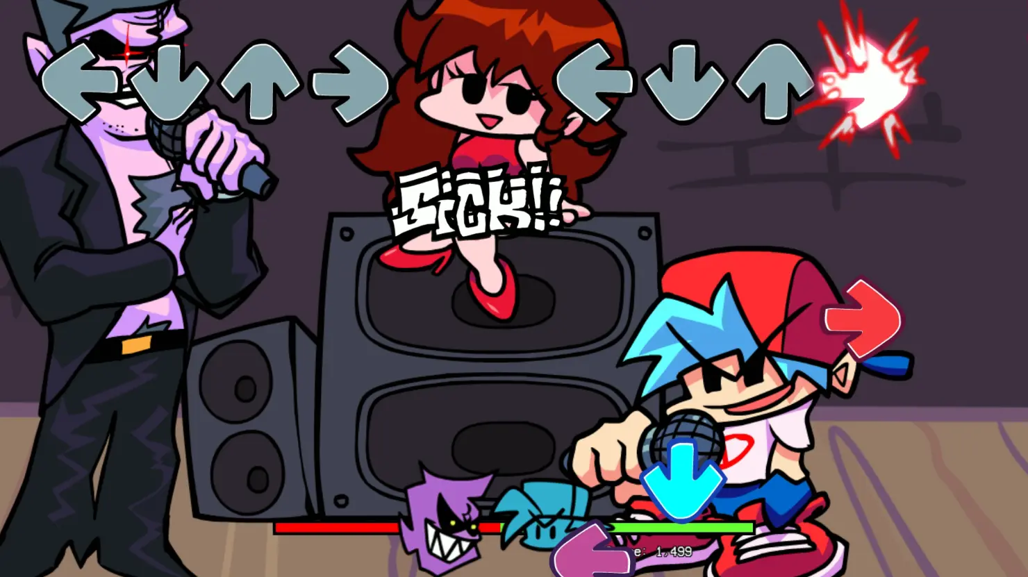 То же сражение, которое было в прототипе, но в обновлённом виде. Девушка теперь сидит на колонке, иконка Парня на полоске жизней перерисована