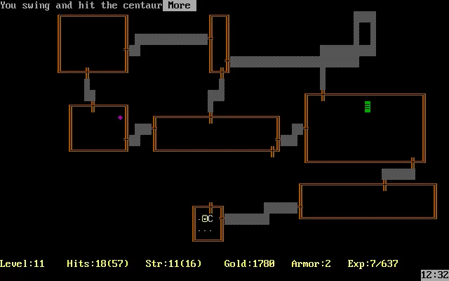 Версия Rogue для MS-DOS. Бои пошаговые и очень простые, вы просто двигаетесь в направлении врага. Но есть множество предметов, свитков и зелий, а также монстры с особыми способностями.