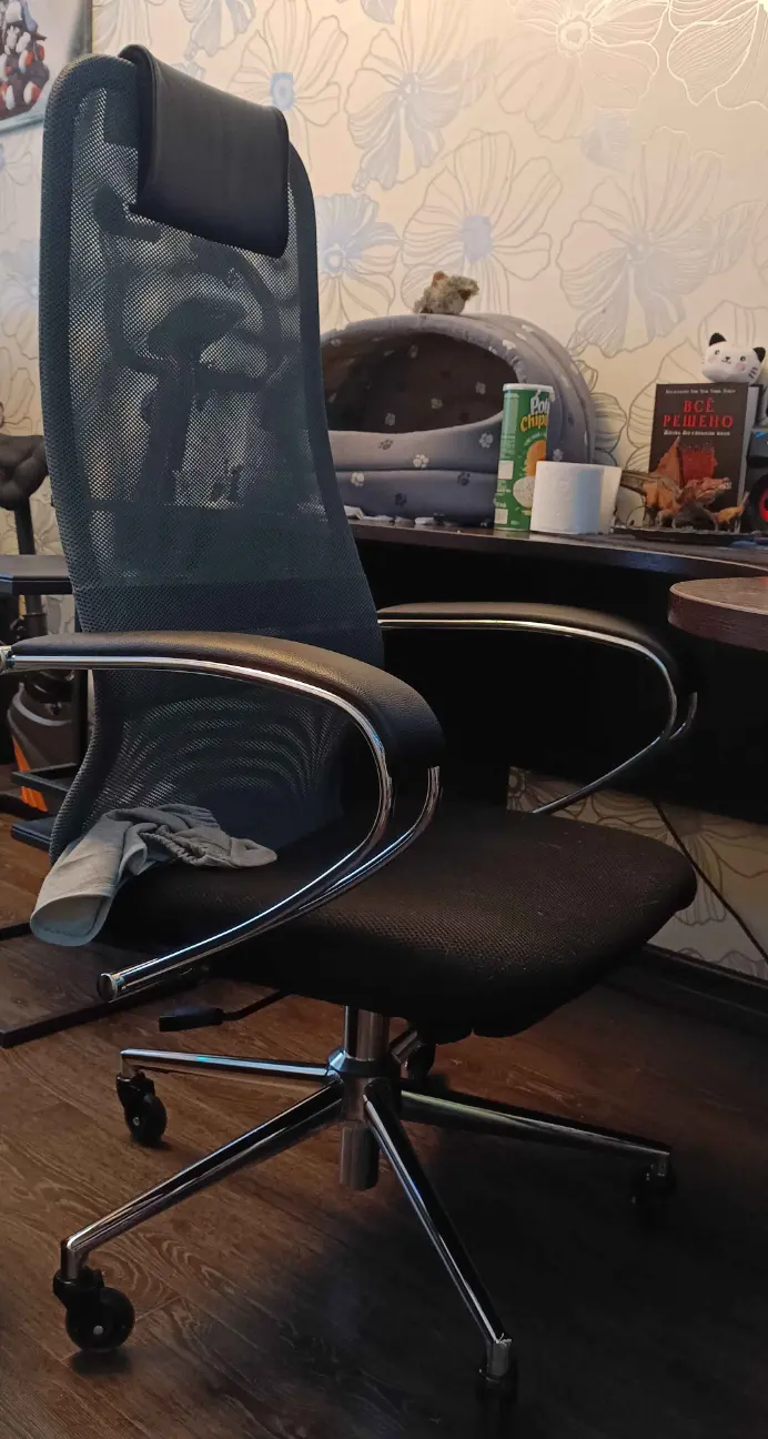 Старенькое кресло от Metta, ещё с мягкой сидушкой, но уже с поддержкой поясничного отдела и сетчатой спинкой. Прочное и служило мне хорошо.