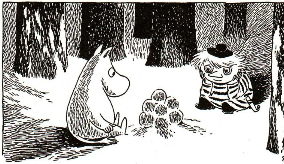 Муми-тролль и Туу-тикки. Туу-тикки живёт в домике на берегу моря, не испытывая особой потребности в общении с окружающим миром. Больше всего на свете любит лежать на земле и смотреть в небо. Иллюстрация Туве Янссон.